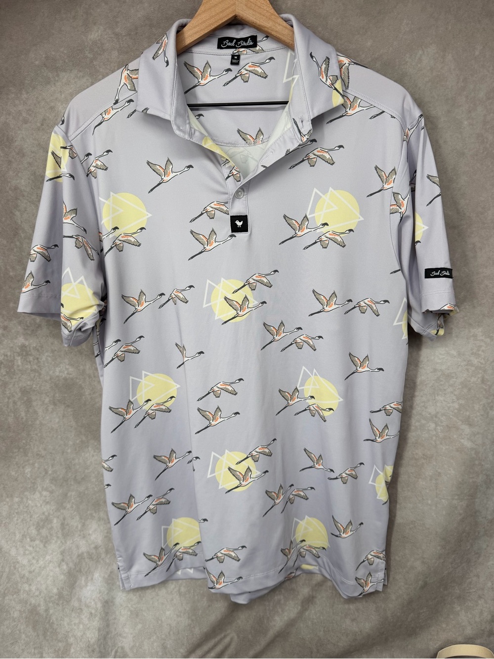 Bad Birdie Mens Medium Lavender Gray Bird Print Performance Golf Polo Shirt